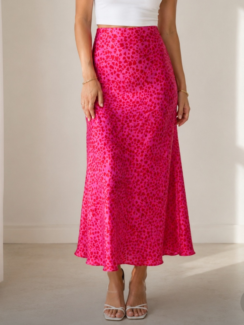 LOFT Hot Pink Heart Printed Satin Maxi Skirt NEW